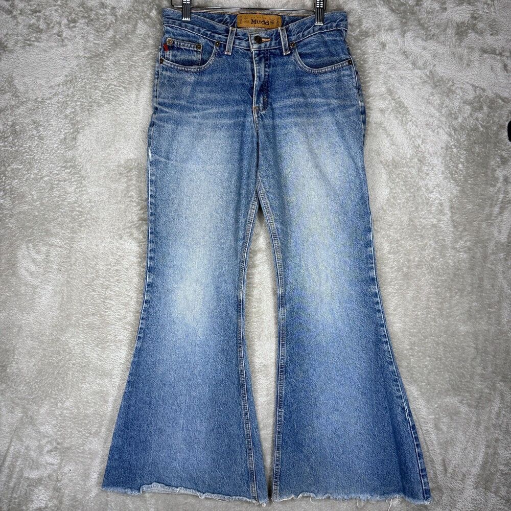 Vtg Y2K MUDD Flare Bell Bottoms Jeans Womens Size 7 Blue 28x30 Whiskering Light